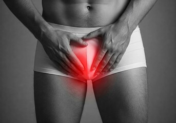 A black and white close-up of a man wearing white underwear, clutching his groin in pain. A red glow highlights discomfort, symbolizing a medical issue such as pelvic pain or prostate problems.
