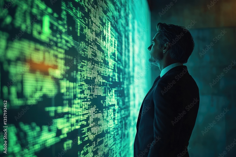 Fototapete A businessman contemplates a large screen displaying lines of green code, symbolizing data analysis and technological innovation.