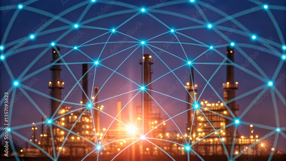 Poster digital transformation with industry 4.0, a network of interconnected nodes overlays a skyline of an