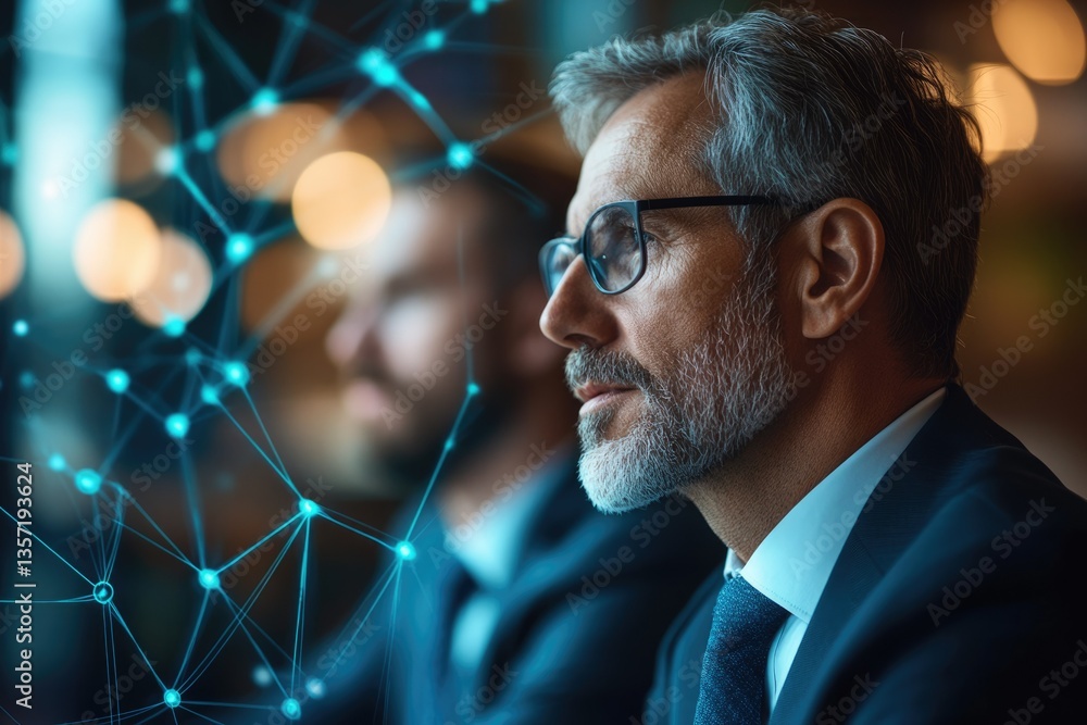 Poster a pensive businessman contemplates a complex network, symbolized by glowing nodes and lines, suggest