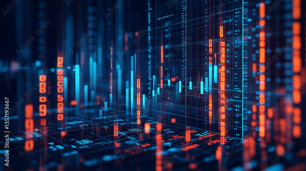 Poster digital data visualization with blue and orange glowing elements on a dark background surface