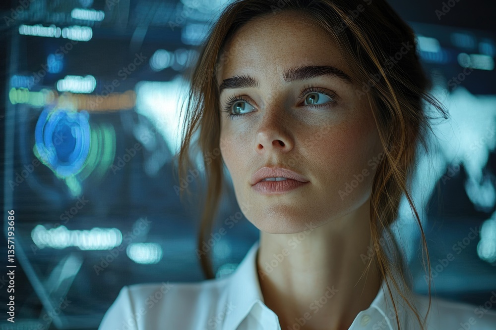 Leinwandbilder a woman thoughtfully observes a futuristic digital interface displaying complex data and world map.