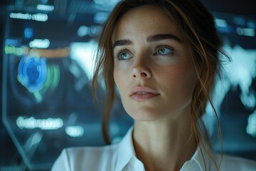 A woman thoughtfully observes a futuristic digital interface displaying complex data and world map.