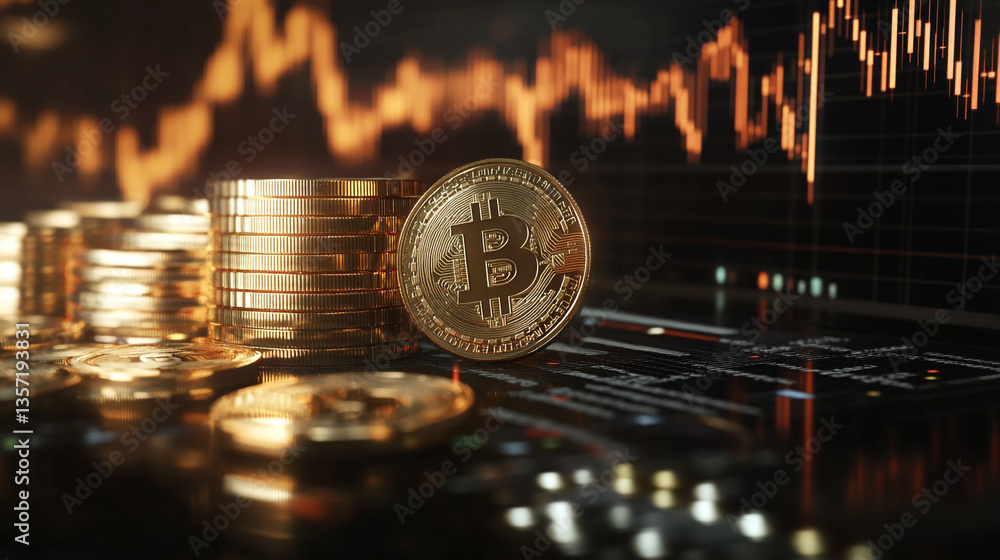 Poster a stack of bitcoin coins with a chart in the background showing market volatility and fluctuations