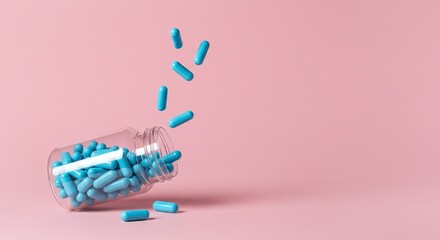 Pharmaceutical Descent: An arresting shot of blue pills spilling from a clear glass jar against a captivating, vivid pink backdrop. Evokes themes of health, medicine, and well-being.