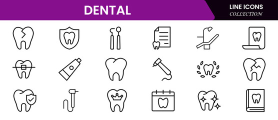 Dental icon set. Containing tooth, dentist, toothpaste, toothbrush, teeth, implant and dentistry icons collection. Vector illustration.