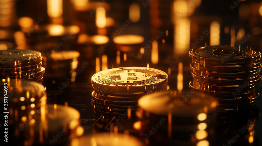 Poster stacks of shiny bitcoin coins with a golden hue on a dark surface in a close up macro shot