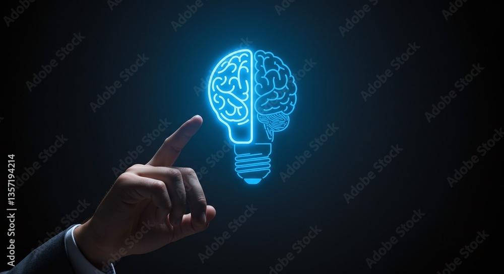 Poster illuminating ideas: a hand points towards a glowing lightbulb with a brain inside, symbolizing innov