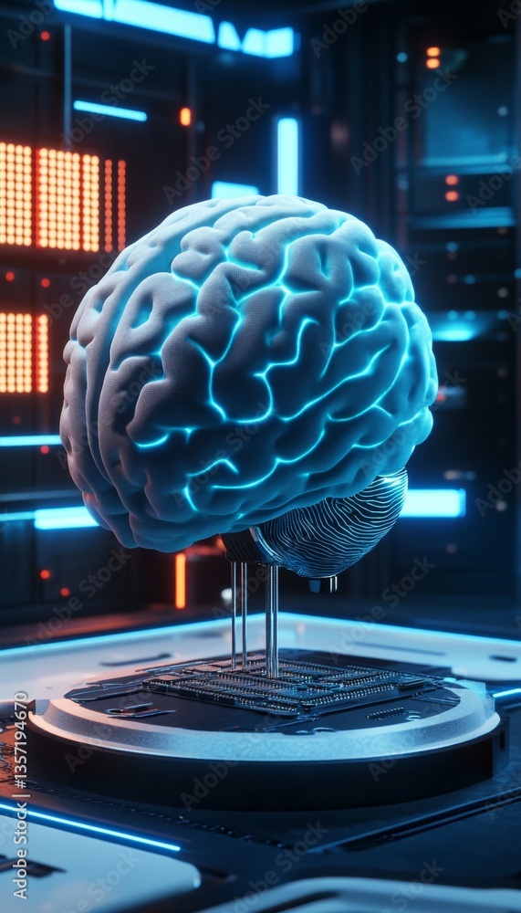 Poster futuristic artificial intelligence glowing brain on circuit board symbolizing ai power