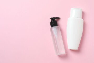 Natural cosmetic products a pink background, top view