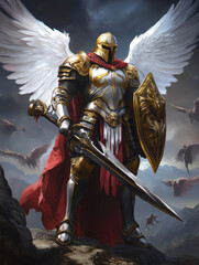 A powerful armored figure with angelic wings stands ready for battle, holding a sword and shield against a dramatic sky.