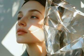 A woman's face is illuminated by sunlight, partially obscured by a large, clear diamond shape.