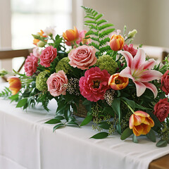 A lush and colorful table arrangement with a variety of fresh flowers.