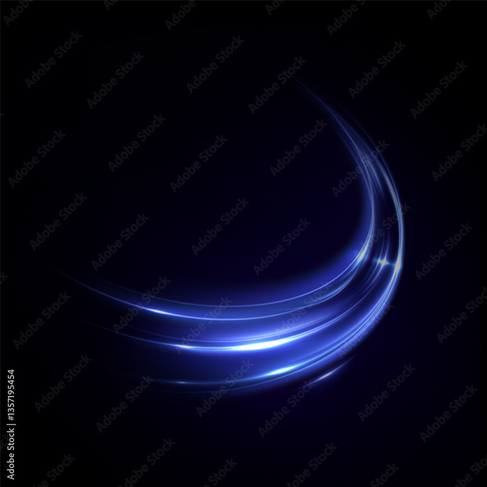 Poster curved glowing stripes of blue light with neon glitter on black background. vector for dynamic graph