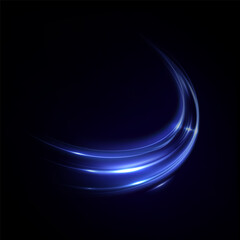 Curved glowing stripes of blue light with neon glitter on black background. Vector for dynamic graphics, fantastic energy effects, user interface design.