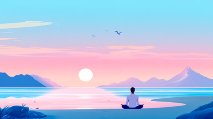 Obraz premium A man meditates on the beach, sunrise in vector style, flat design, simple shapes, blue sky and sea background