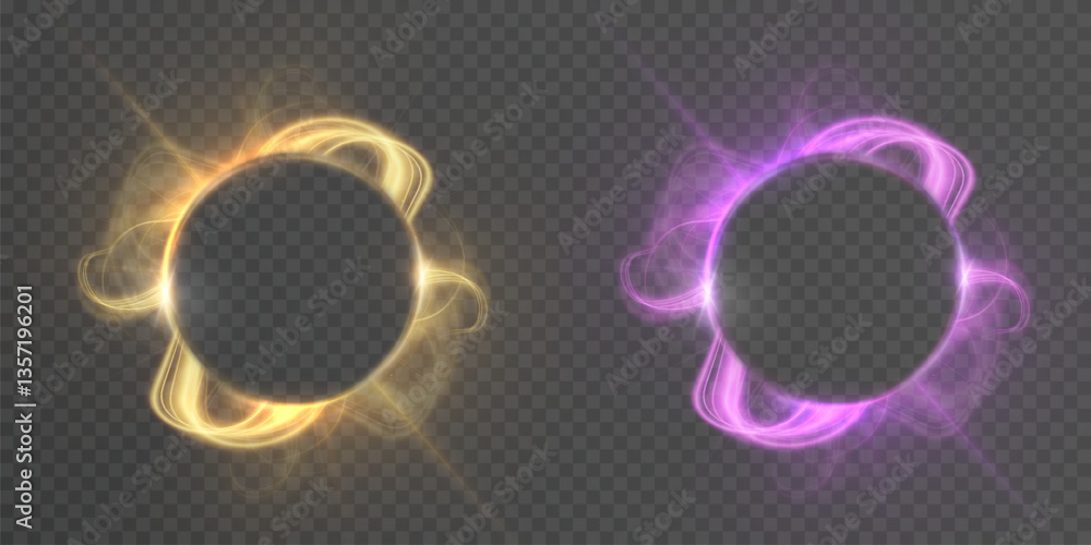 Poster set of glowing magic circles with golden and purple neon light trails on transparent background. ide