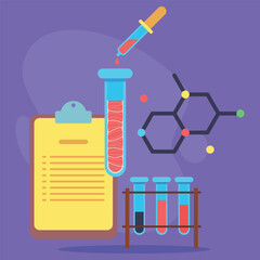 Dropper adding fluid to test tube with meat. Clipboard showing notes alongside molecular structures, indicating experiment in progress