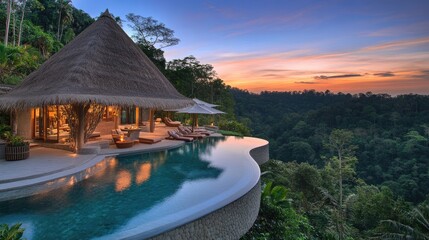 Naklejka premium Luxury Villa with Infinity Pool Overlooking Sunset