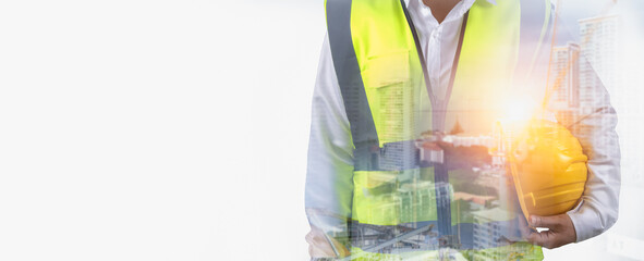 Double exposure worker wearing safety uniform and helmet hard hat work with show project...