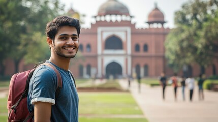 Smiling Male Student with a Backpack in a University Campus on a Sunny Day