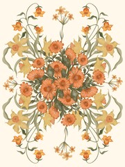 Botanical symmetrical illustration with yellow daffodils and marigold flowers, green leaves on light background hand drawn