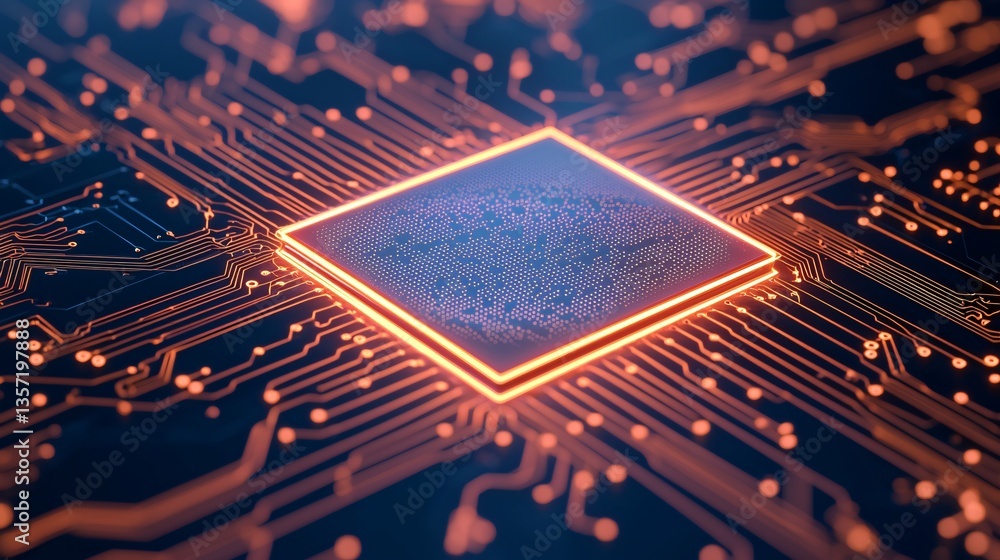 Wall mural high tech microchip circuit board close up detail of advanced technology glowing orange lines