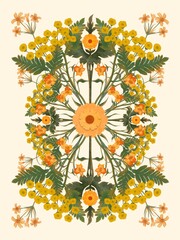 Botanical symmetrical illustration with yellow flowers and green leaves on light background hand drawn
