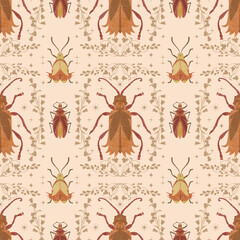 Seamless pattern on a light background with flowers with stylized unusual beetles