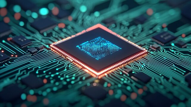 High Tech Microchip Circuit Board with Glowing Data Processing Unit