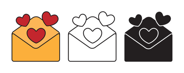 Cute Love Letter Envelope Icons in Color, Line, and Black and White
