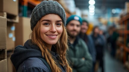 Fototapeta premium A staff member in a warehouse is smiling while engaged in inventory tasks. Colleagues are visible in the background, contributing to the logistics operations.