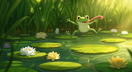 Jumping Frog on Lily Pads Surrounded by Water Lilies and Lush Greenery