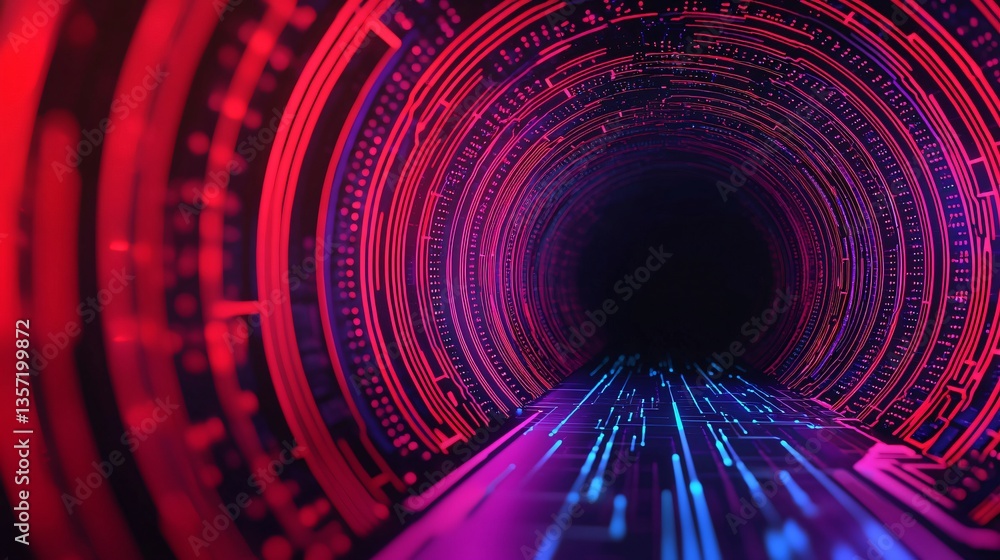 Poster futuristic neon tunnel abstract digital data stream red and blue circuitry cyberspace