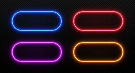 Light of rectangle neon frame. Glow of led rounded border. Vector set of laser templates isolated on dark transparent background.