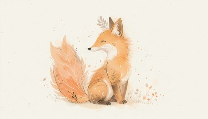 Obraz premium Cute fox sitting with a bushy tail in a soft pastel background 
