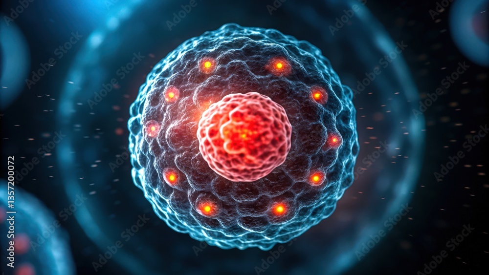 Poster a conceptual illustration of a human cell showcasing its intricate structure and functions.