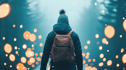Gen Z travel trend concept. Person standing in a forest, surrounded by glowing lights.