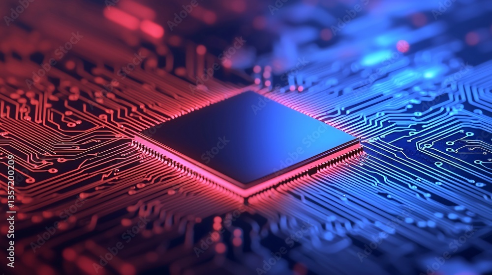 Wall mural high tech microchip processor closeup on circuit board red and blue neon lighting