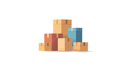A digital illustration depicting a stack of various sized cardboard boxes in muted, pastel colors.  The boxes are rendered in a simplified, flat design style with minimal detail. The boxes are