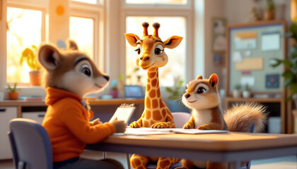 Three Animated Animals Sit Together At A Wooden Desk