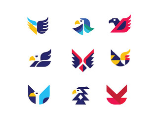 Colorful Geometric Eagle Set Creative Bird Symbol Collection on White Background