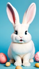 Obraz premium A white rabbit with blue eyes sitting in front of a blue background.