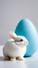 Obraz premium A white rabbit sitting next to a blue egg.