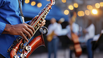 Fototapeta premium Jazz musician playing saxophone in intimate club setting, creating soulful atmosphere
