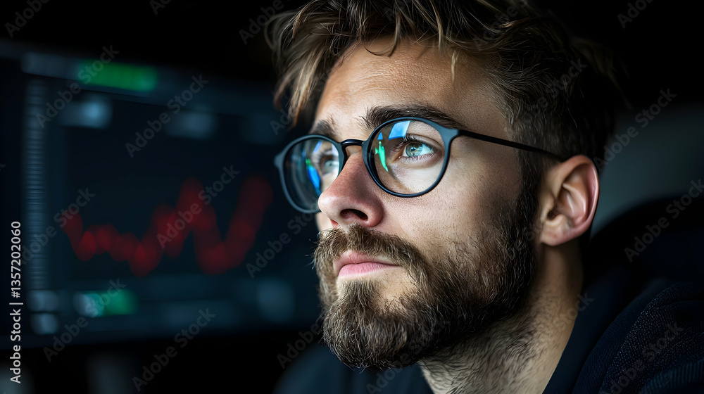 Poster focused businessman analyzing data on computer screen