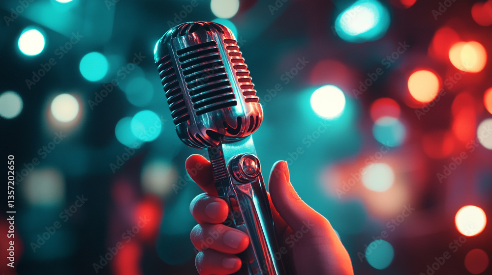Poster a hand holding a vintage microphone with bokeh lights in the background creating a vibrant atmospher