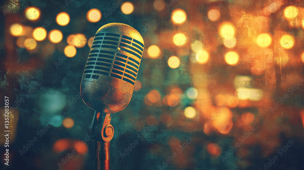 Poster vintage microphone on stage with blurred lights creating a nostalgic atmosphere for performance art