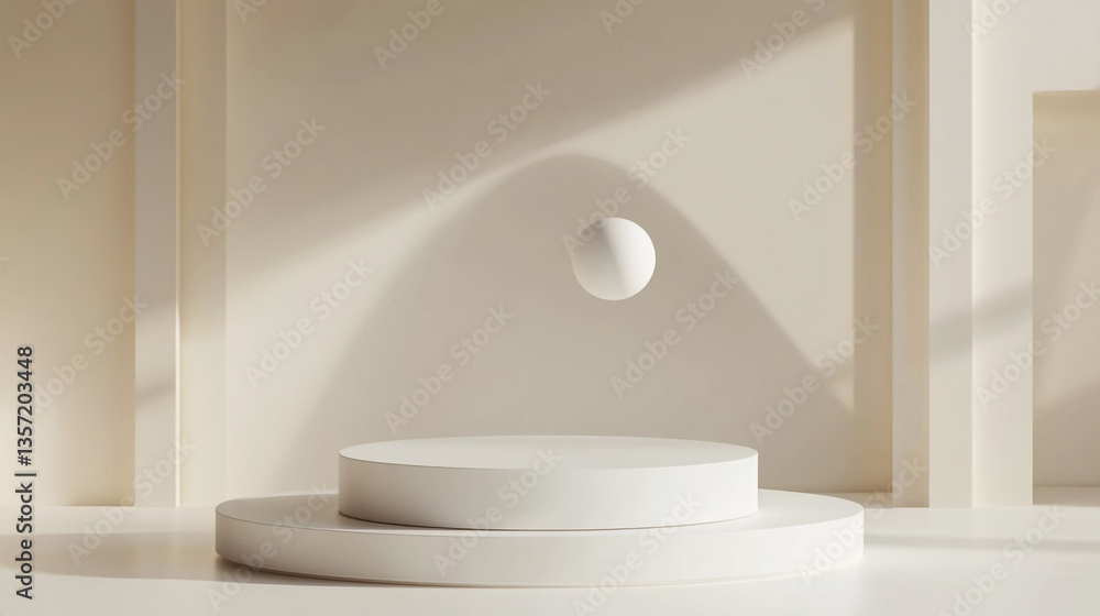 Poster a minimalist scene featuring two platforms a floating sphere and a backdrop with geometric shapes