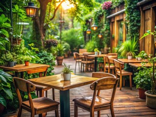Obraz premium Charming Outdoor Coffee Shop Patio Design - Rustic Furniture & Greenery